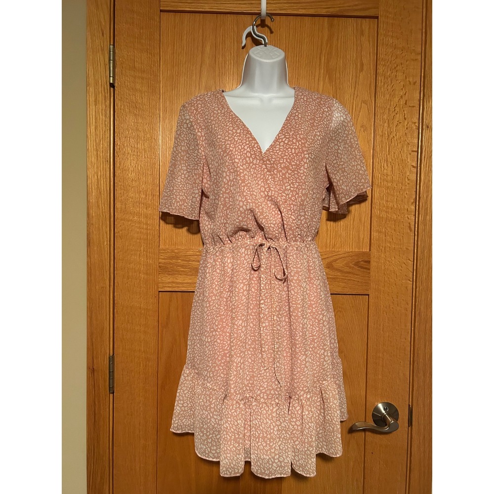 Pink Cottagecore Chiffon Wrap Mini Dress V-Neck‎ Ruffle Hem Flutter Sleeve Small